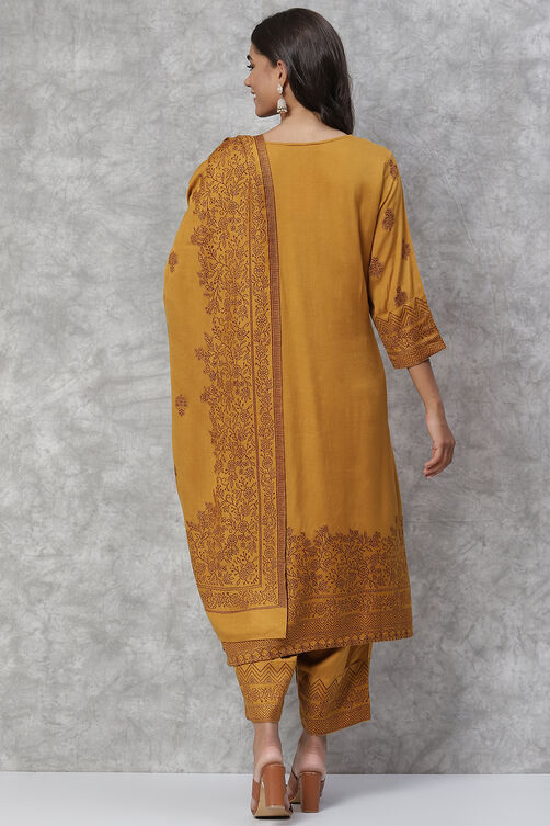 Mustard Jacquard Straight Kurta image number 4